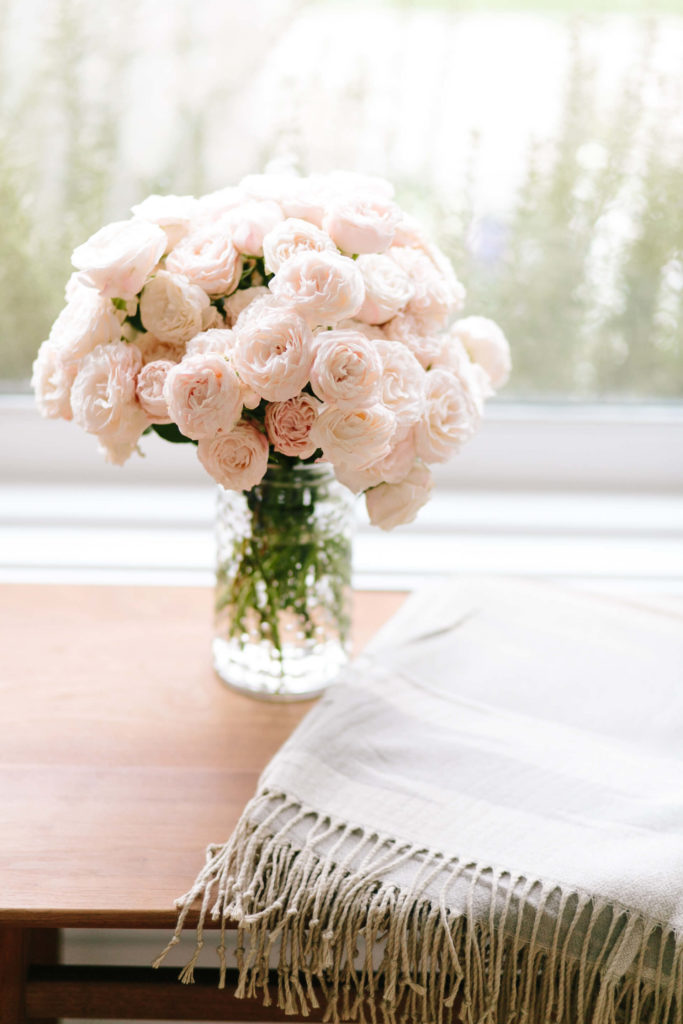 Vase of pink roses on a high table overlooking a window and scarf.