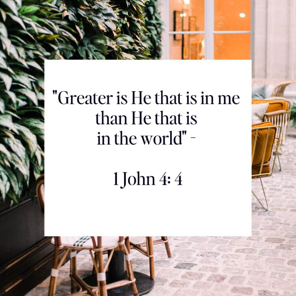 French Bistro Cafe with-Green leaves and White Block - Build Confidence through the scripture "Greater Is He That Is In Me Than He that is in the world - 1John4-4