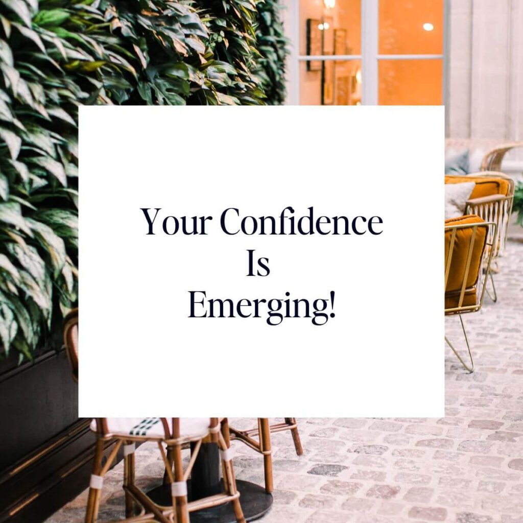 French Bistro Cafe with-Green leaves and-White-Block-With-a-Quote-On-Your Confidence Is Emerging